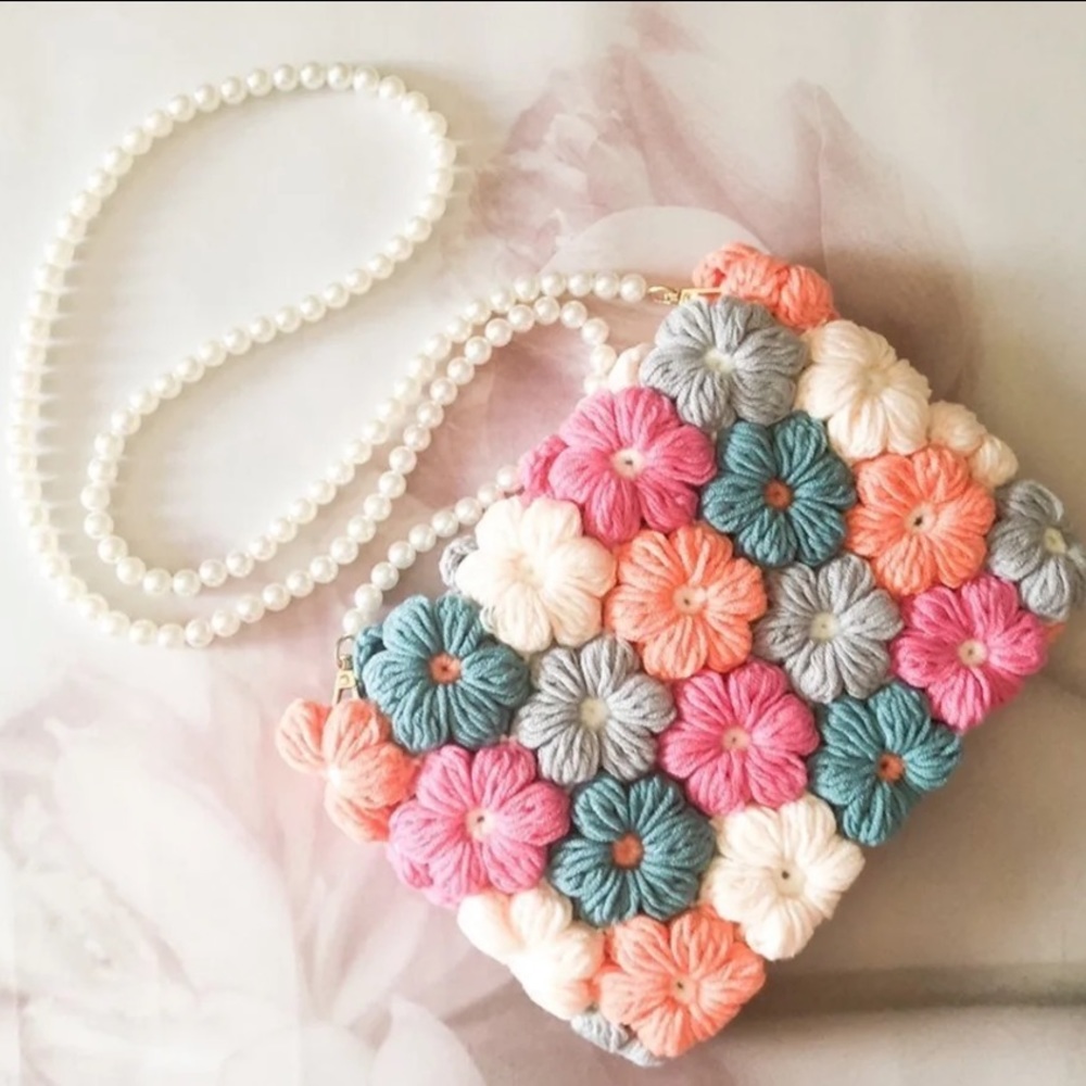 Crochet bag flower rainbow pink shoulder womens Pearl strap - Picture 2 of 6